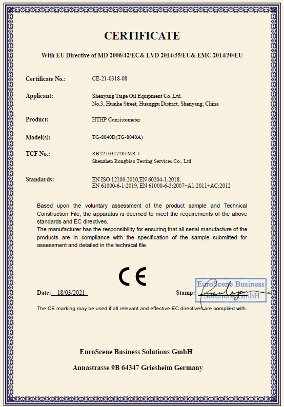 Congratulations on CE certification of our cementing/mud test equipment